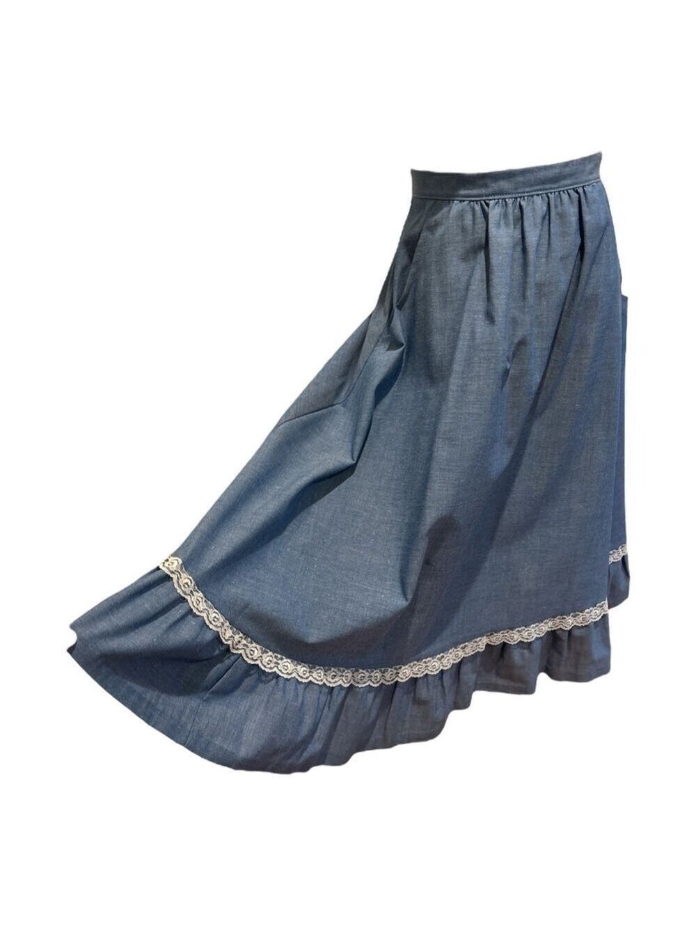 70s RTII COTTON BLUE CHAMBRAY & WHITE LACE COTTAGECORE COWGIRL MIDI SKIRT SZ S - Picture 3 of 8